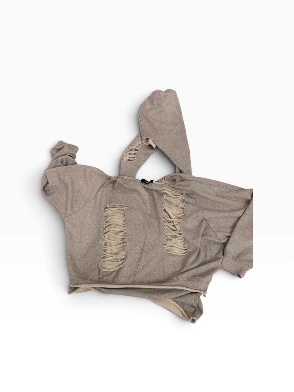 Akira Grey Sweatshirt Distressed Hooded Top XL Halter Off the Shoulder - Picture 2 of 13